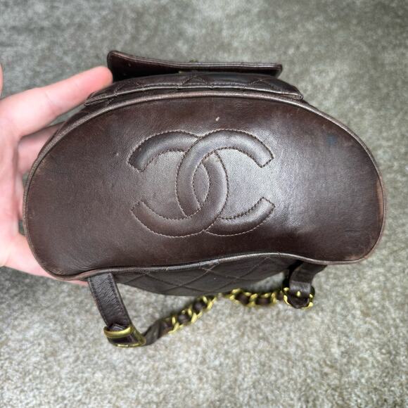 Chanel Matelasse Chain Backpack Duma Lambskin CC Logo Chocolate Brown Vintage - Picture 5 of 16